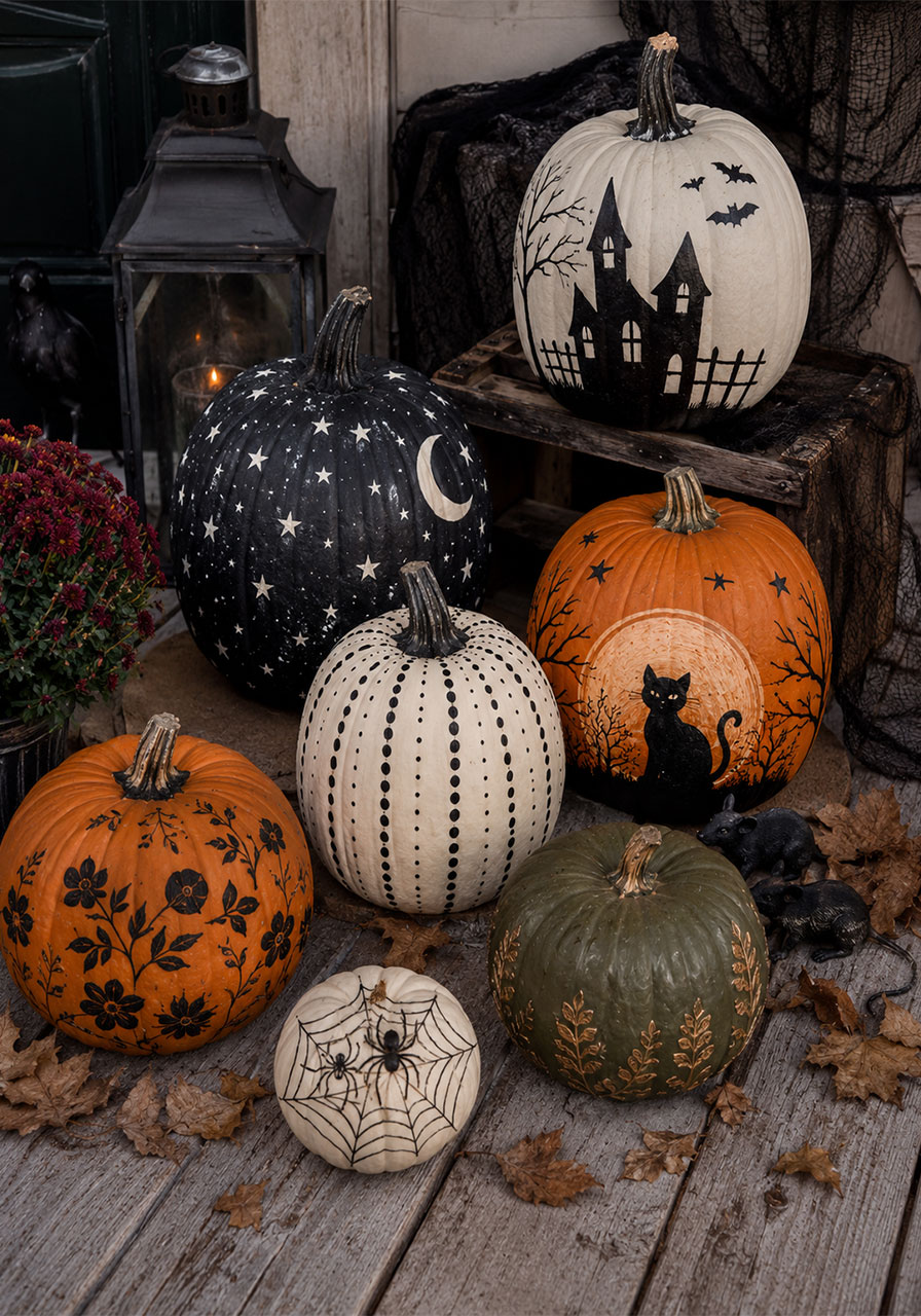 No-carve painted spiderweb pumpkin design in white and orange for Halloween porch