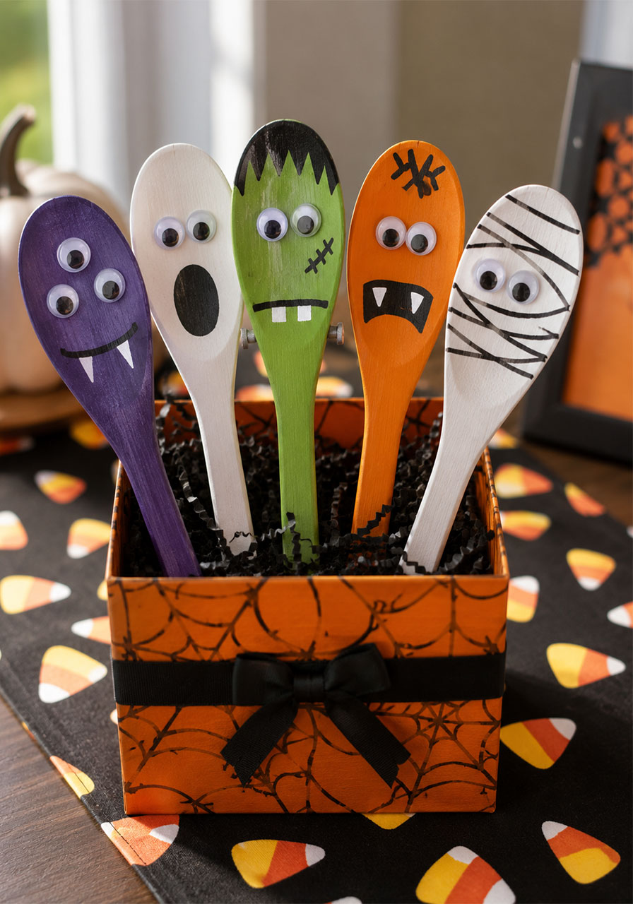 DIY painted wooden spoon monster characters Halloween craft