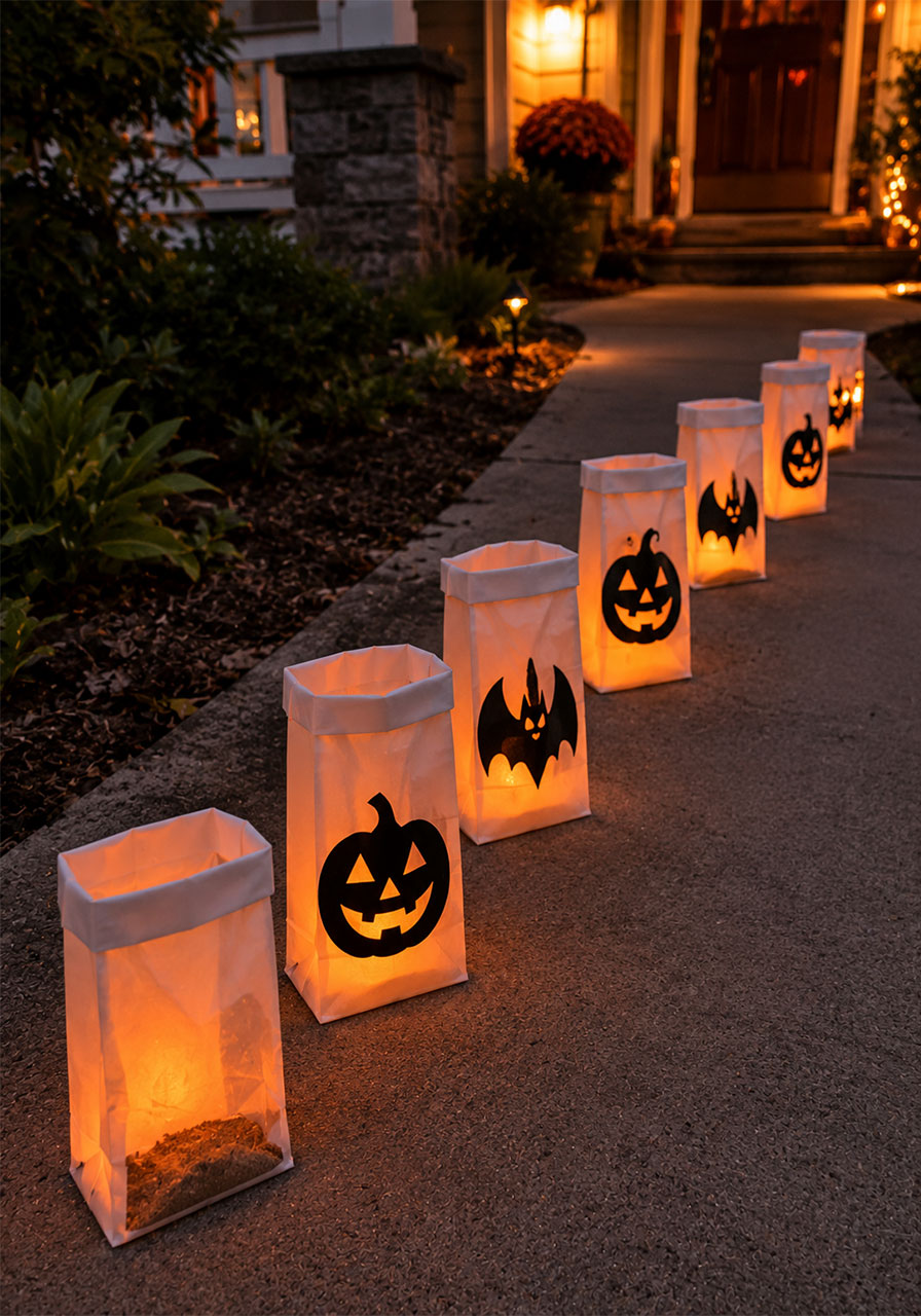 Glowing paper bag luminaries lining a Halloween walkway at dusk