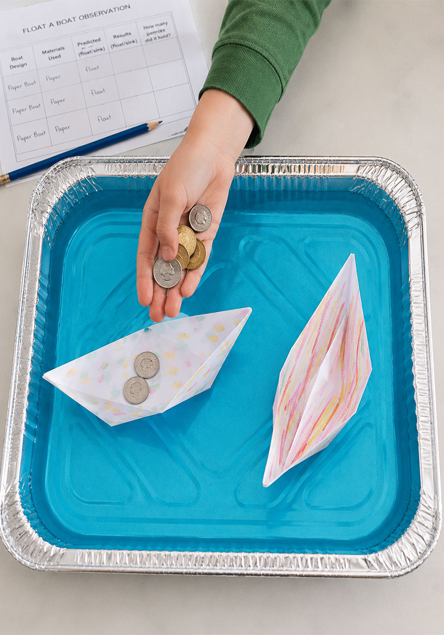 Colorful folded paper boats floating in water holding coins for kids science experiment