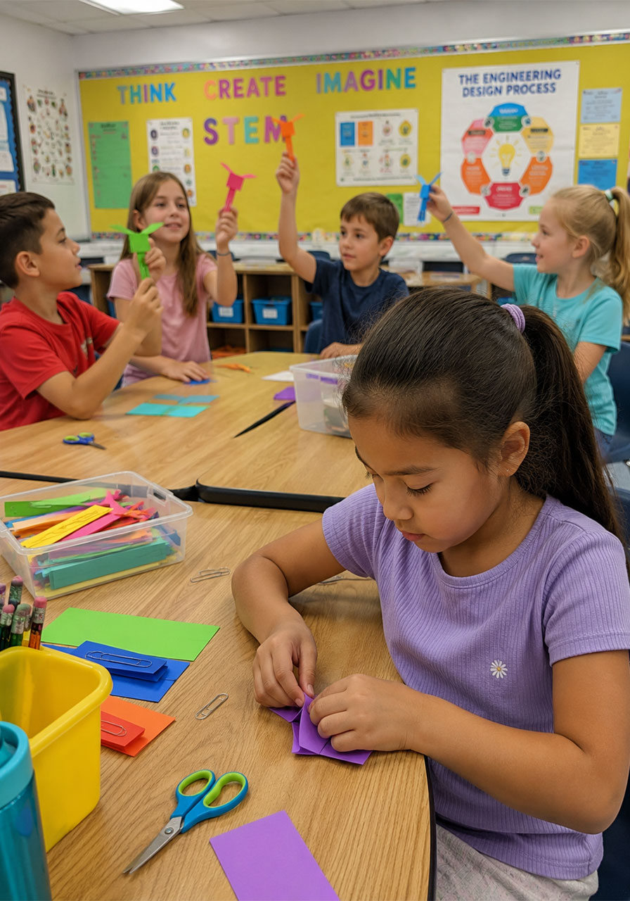 Elementary students building paper helicopters together as a classroom STEM activity