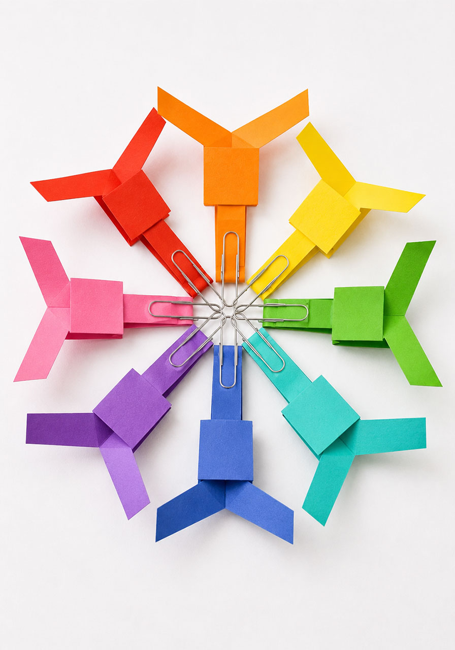 Rainbow of colorful paper helicopters made from different colored cardstock