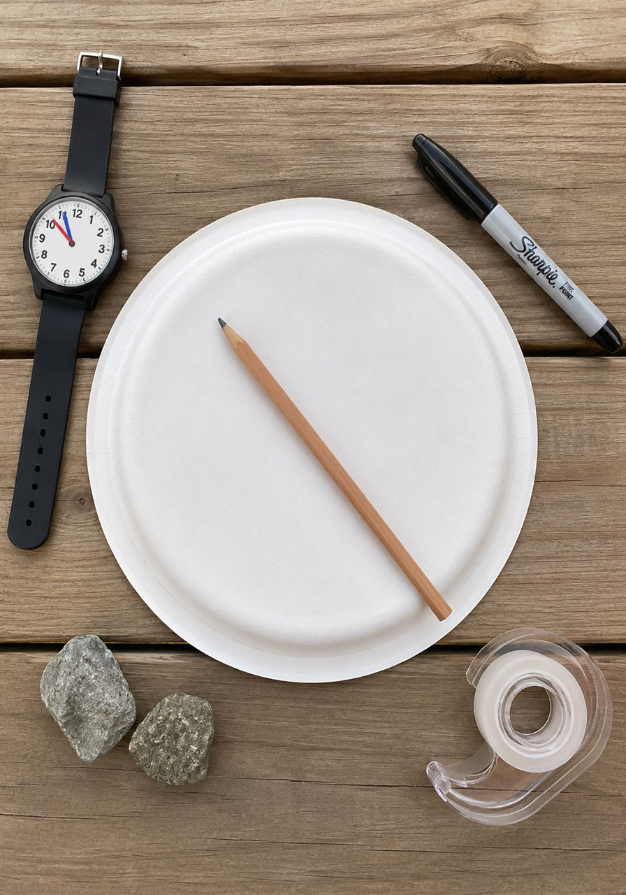 Materials needed for a paper plate sundial STEM activity including plate, pencil, marker, and tape