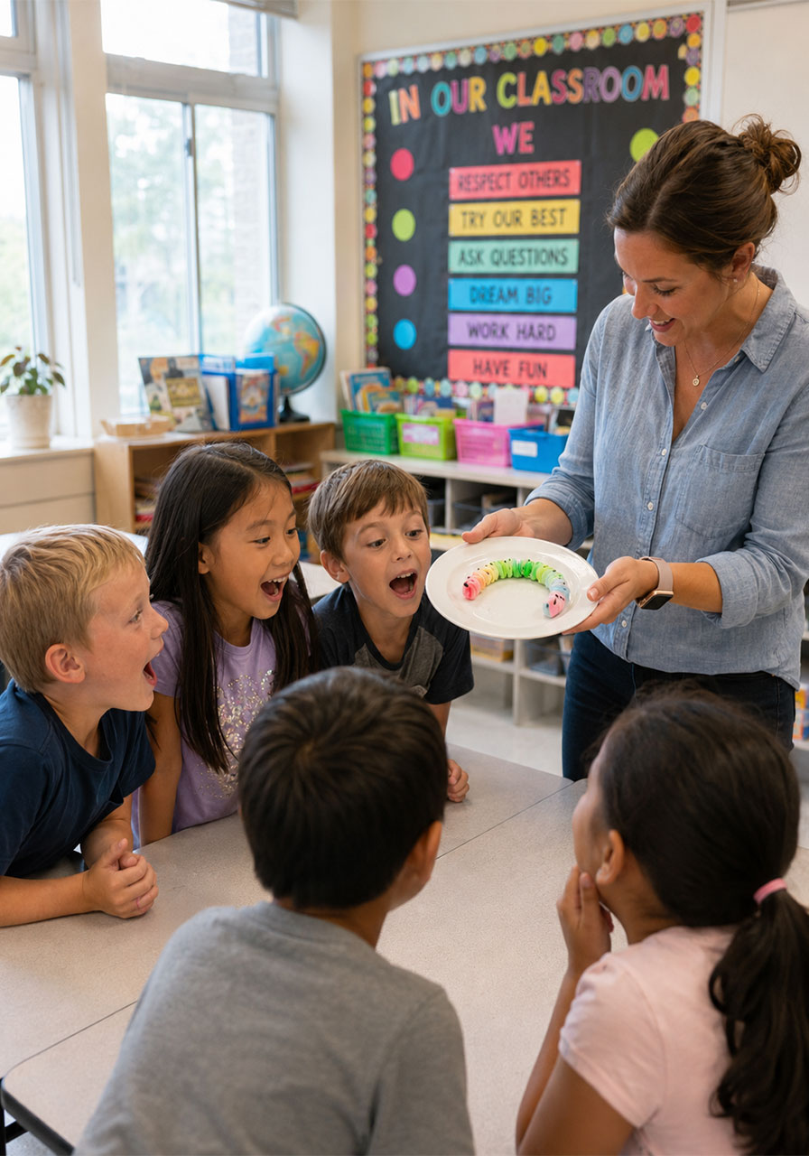 Teacher demonstrating the paper worm science experiment to elementary students