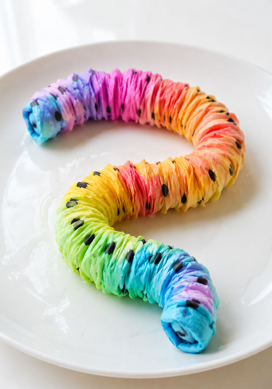 Finished rainbow paper worm experiment on a white plate after adding water