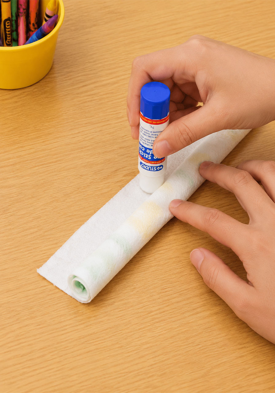 Applying glue stick to seal the paper worm experiment tube shut