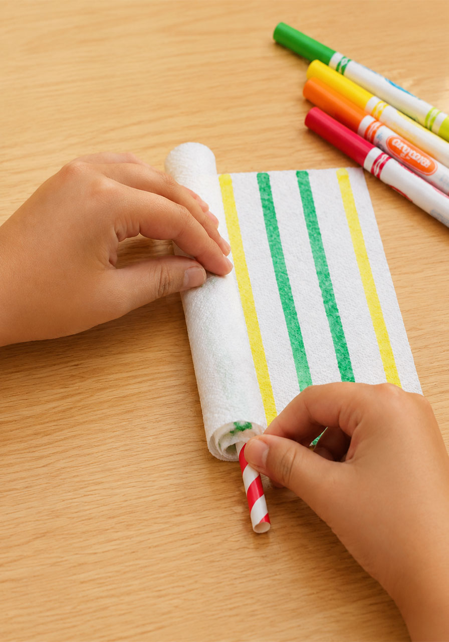 Rolling paper towel around a straw to build the paper worm experiment tube