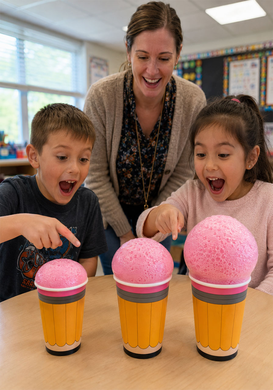 Teacher demonstrating pencil blasters STEM experiment to excited elementary students