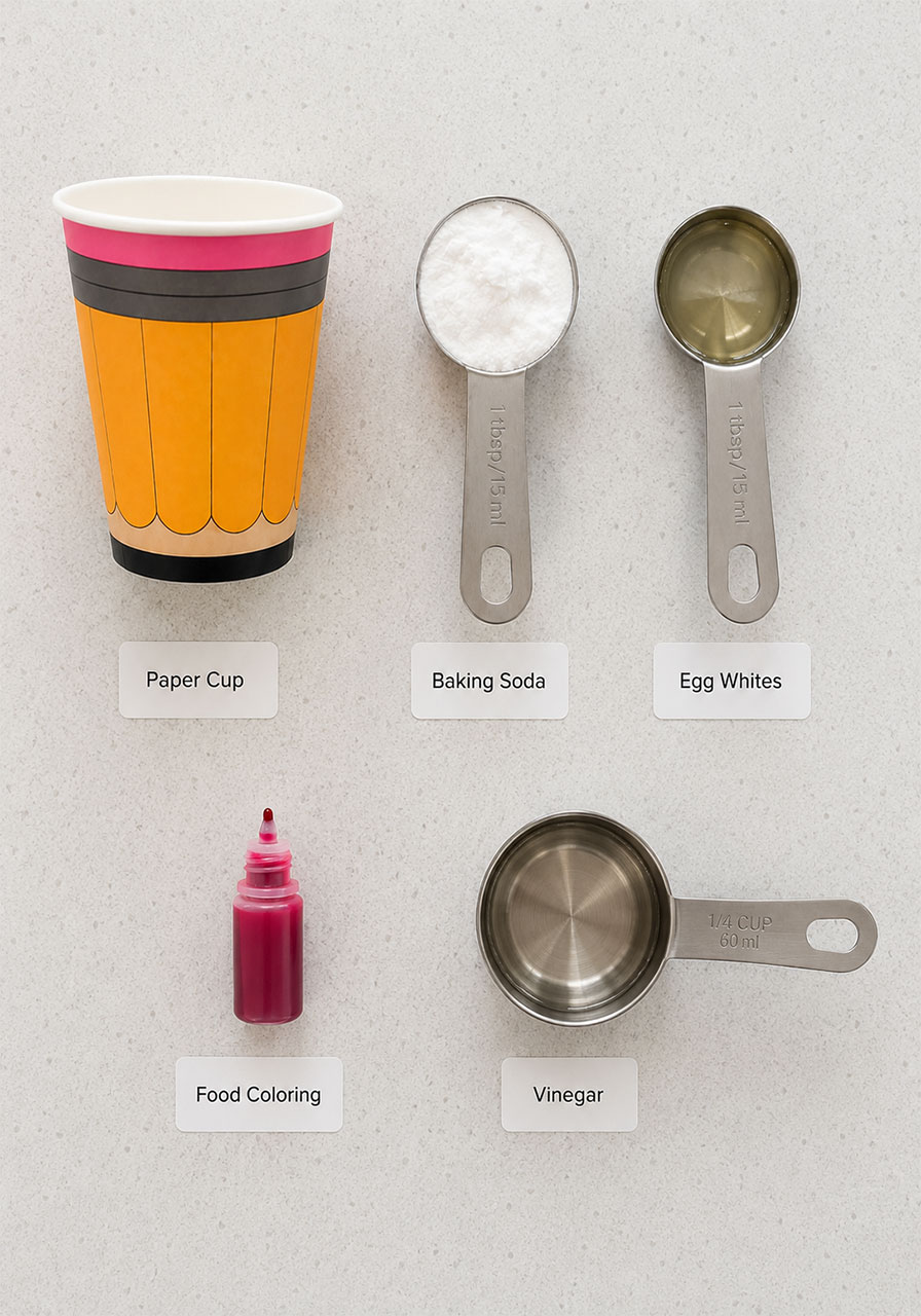Baking soda, egg whites, food coloring, and vinegar materials for Pencil Blasters STEM activity
