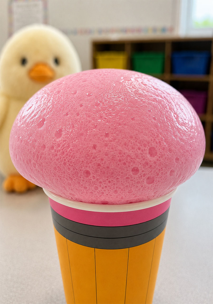 Finished pink foam eraser effect from Pencil Blasters science experiment