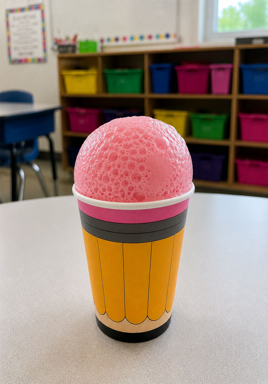 Pink foam eruption rising from acid base science reaction in paper cup