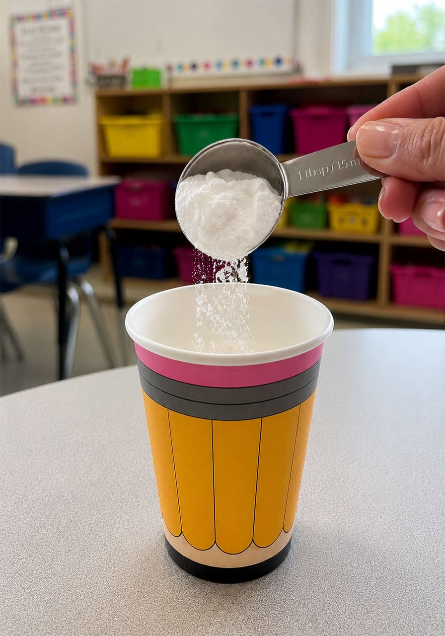 Adding one tablespoon of baking soda into paper cup for pencil blasters experiment