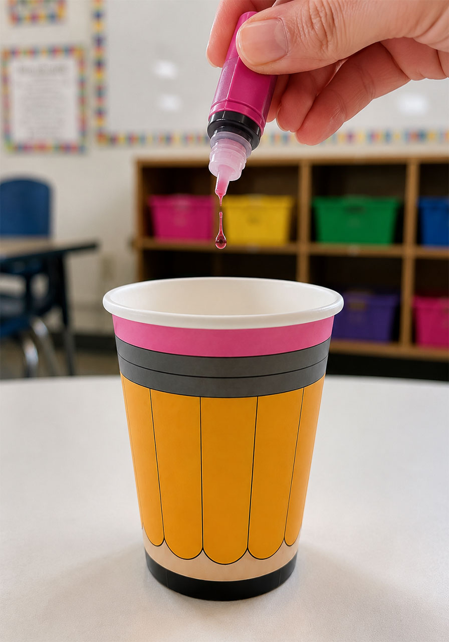 Dropping pink food coloring into science experiment cup for kids