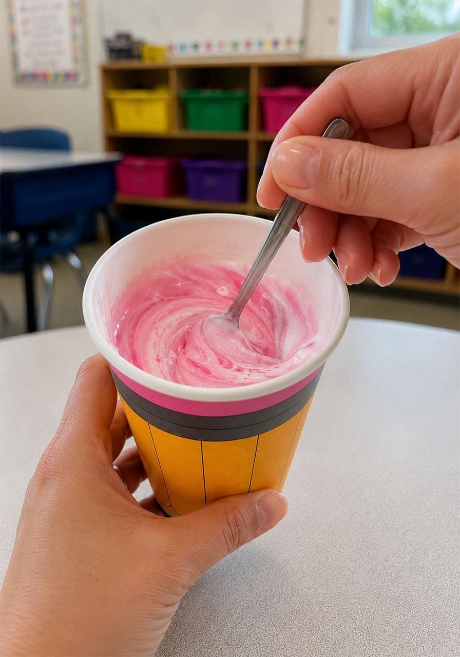 Mixing baking soda egg whites and food coloring into pink paste