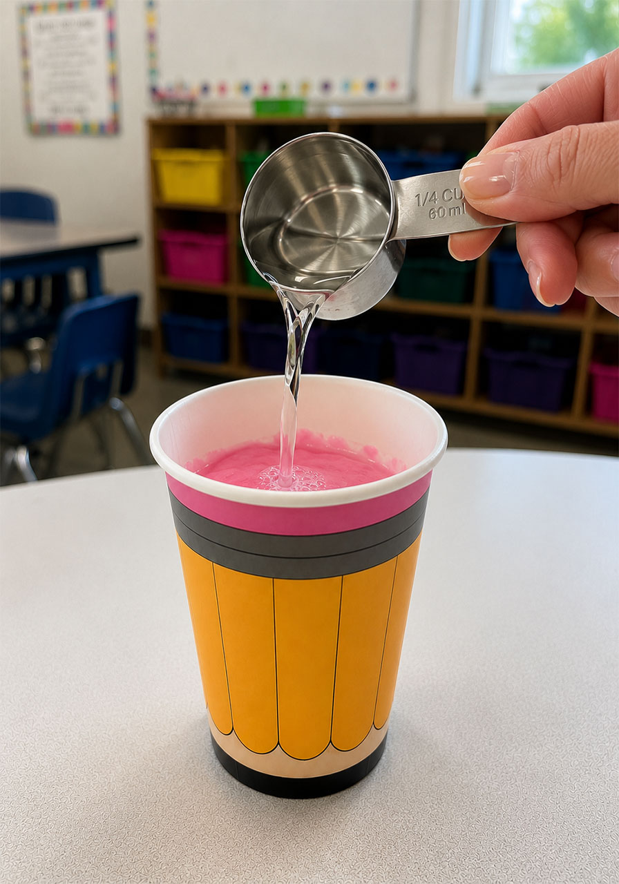 Pouring vinegar to trigger chemical reaction in pencil blasters experiment