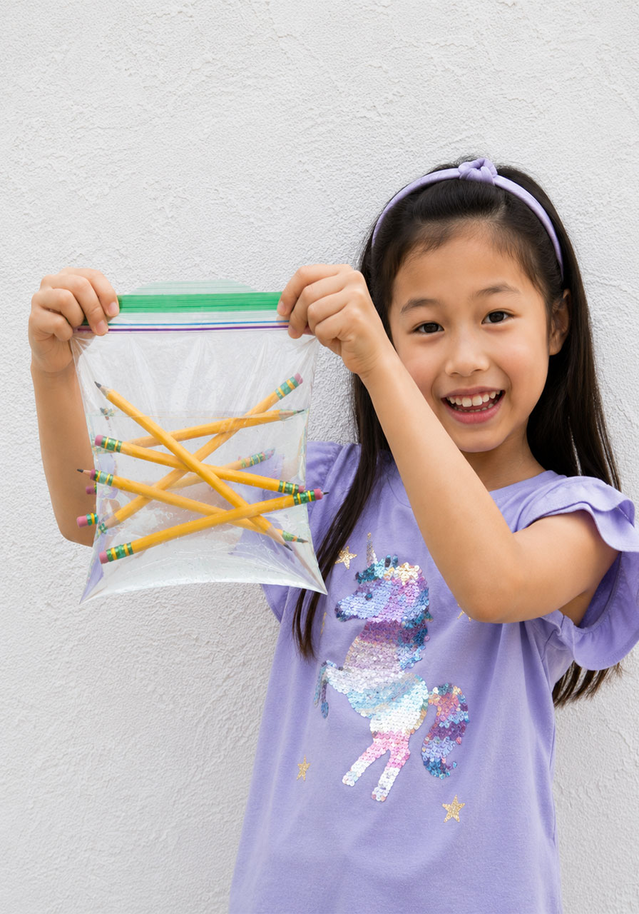 Child proudly showing the finished pencil in water bag experiment with no leaks