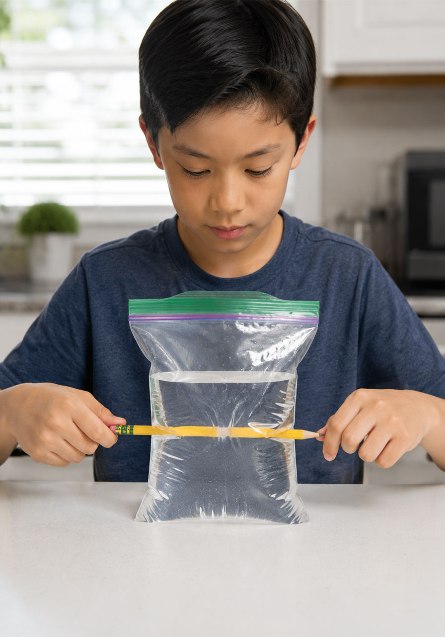 Child pushing a sharpened pencil through a water-filled zipper bag without leaking