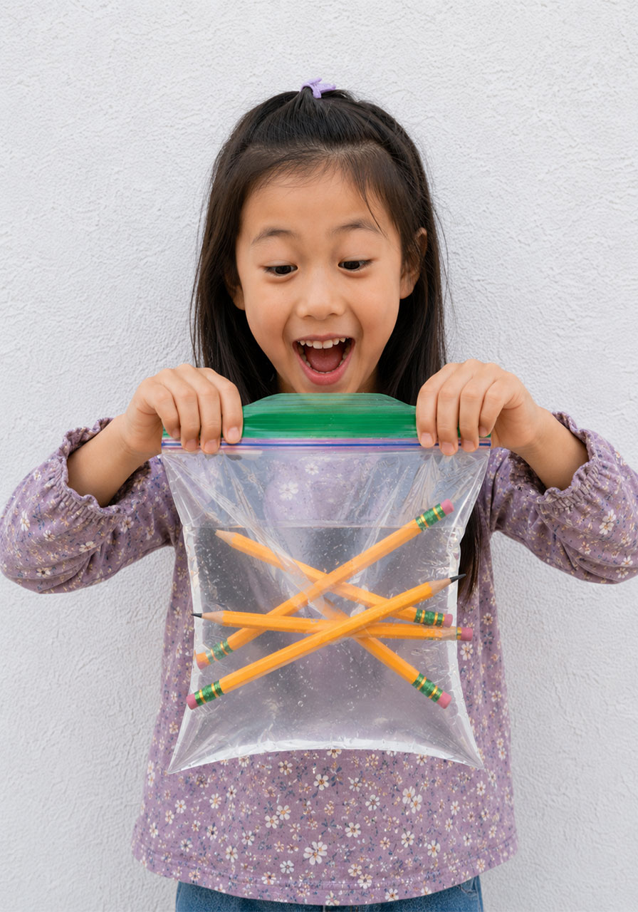 Child's excited reaction to the pencil in water bag science experiment