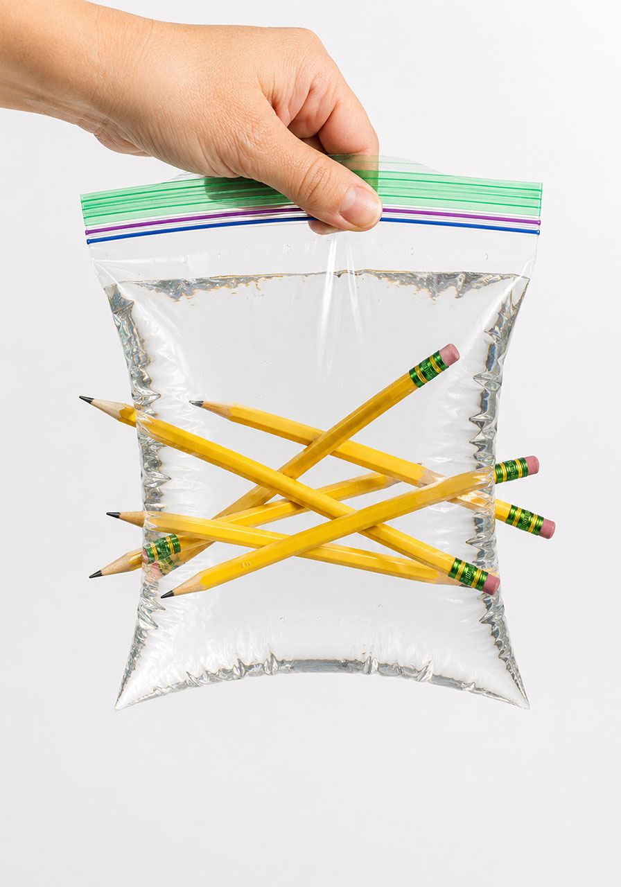 Multiple pencils pierced through a water bag with zero leaking, demonstrating polymer science