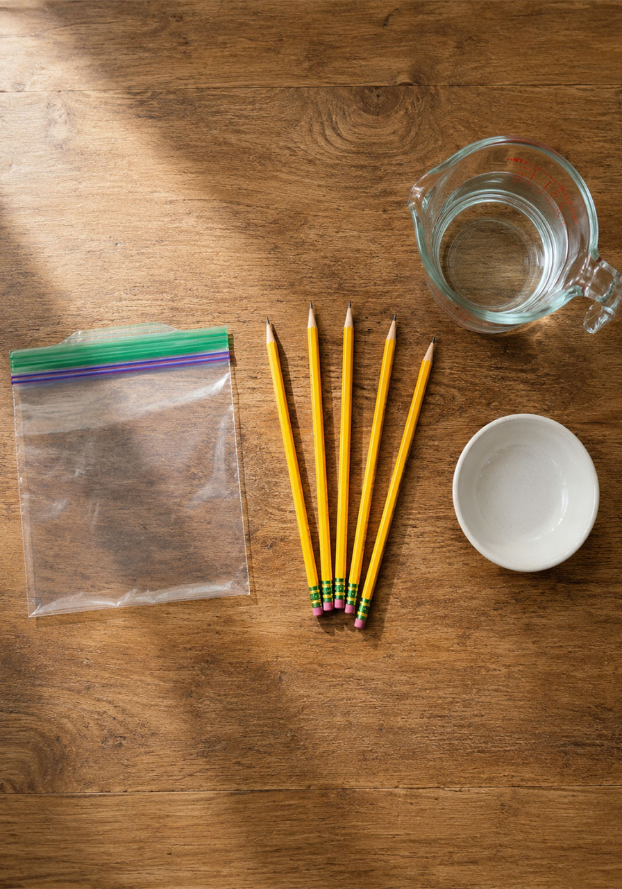 Materials needed for the pencil in water bag experiment including pencils, water, and a zipper bag