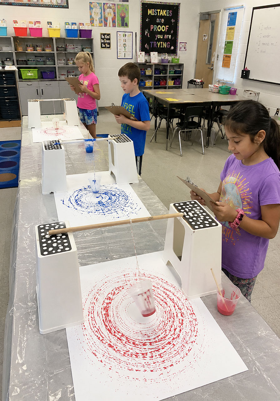 Classroom STEAM station setup with multiple pendulum painting stations for group learning