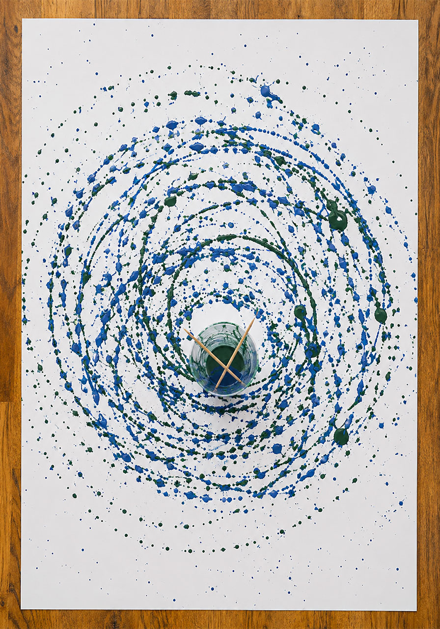 Finished multicolor pendulum painting with layered blue and green spiral patterns