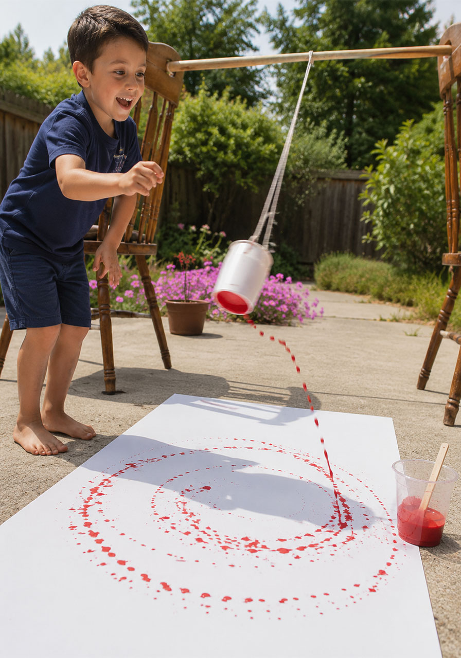 Child swinging a DIY paint pendulum to create a spiral art pattern