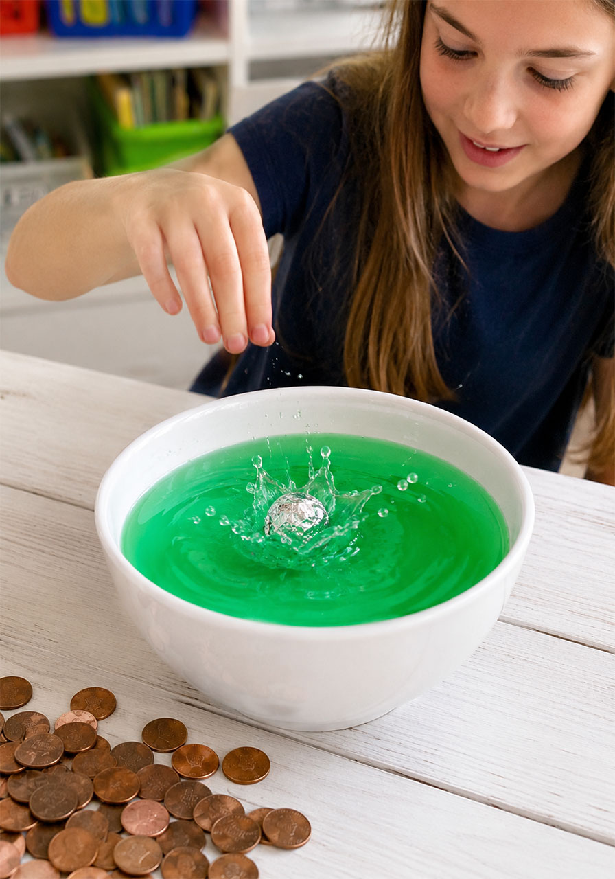 Child drops a crumpled foil ball into water to demonstrate why compact shapes sink in the penny boat challenge