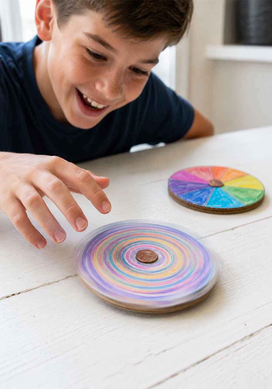Cardboard penny spinner in motion demonstrating torque and kinetic energy