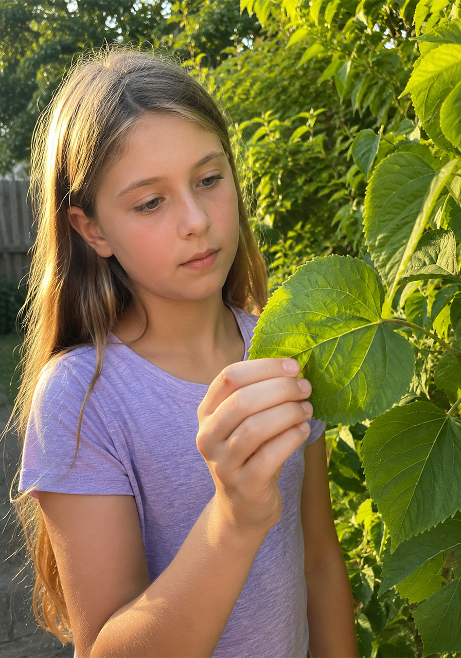 Child picking active leaf for photosynthesis science experiment