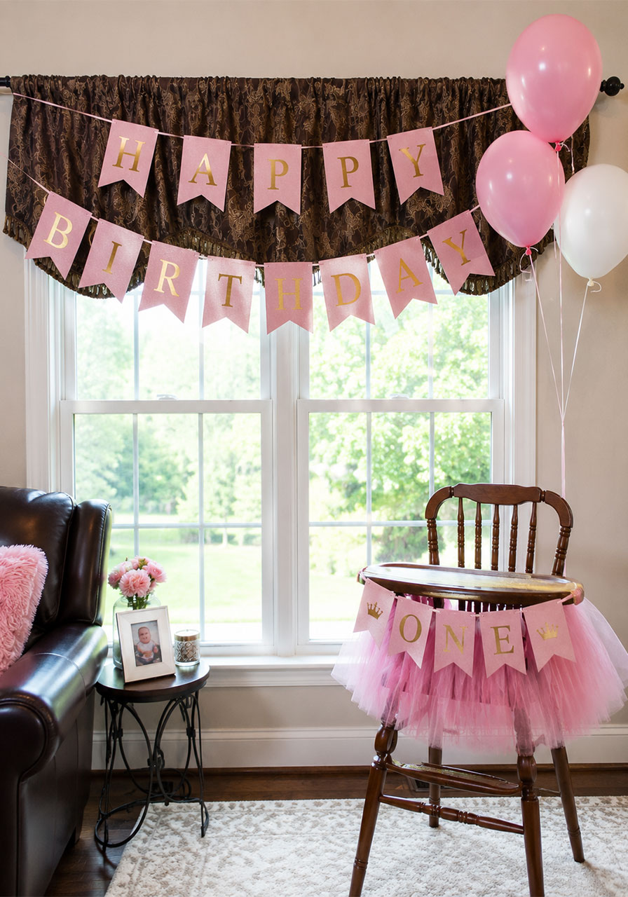 Pink and gold Happy Birthday banner with matching high chair ONE banner for a princess party