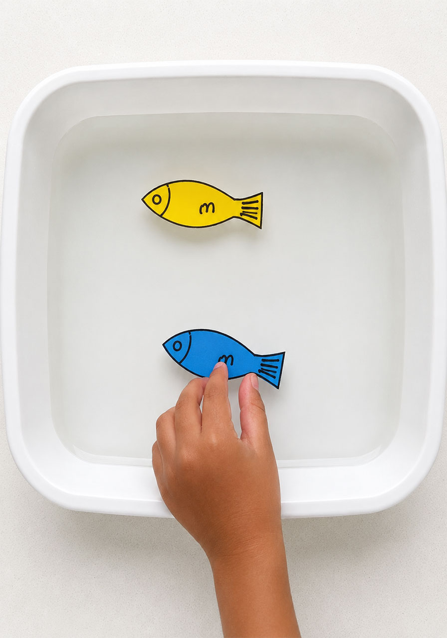 Setting foam fish onto water surface for swimming fish experiment demonstration