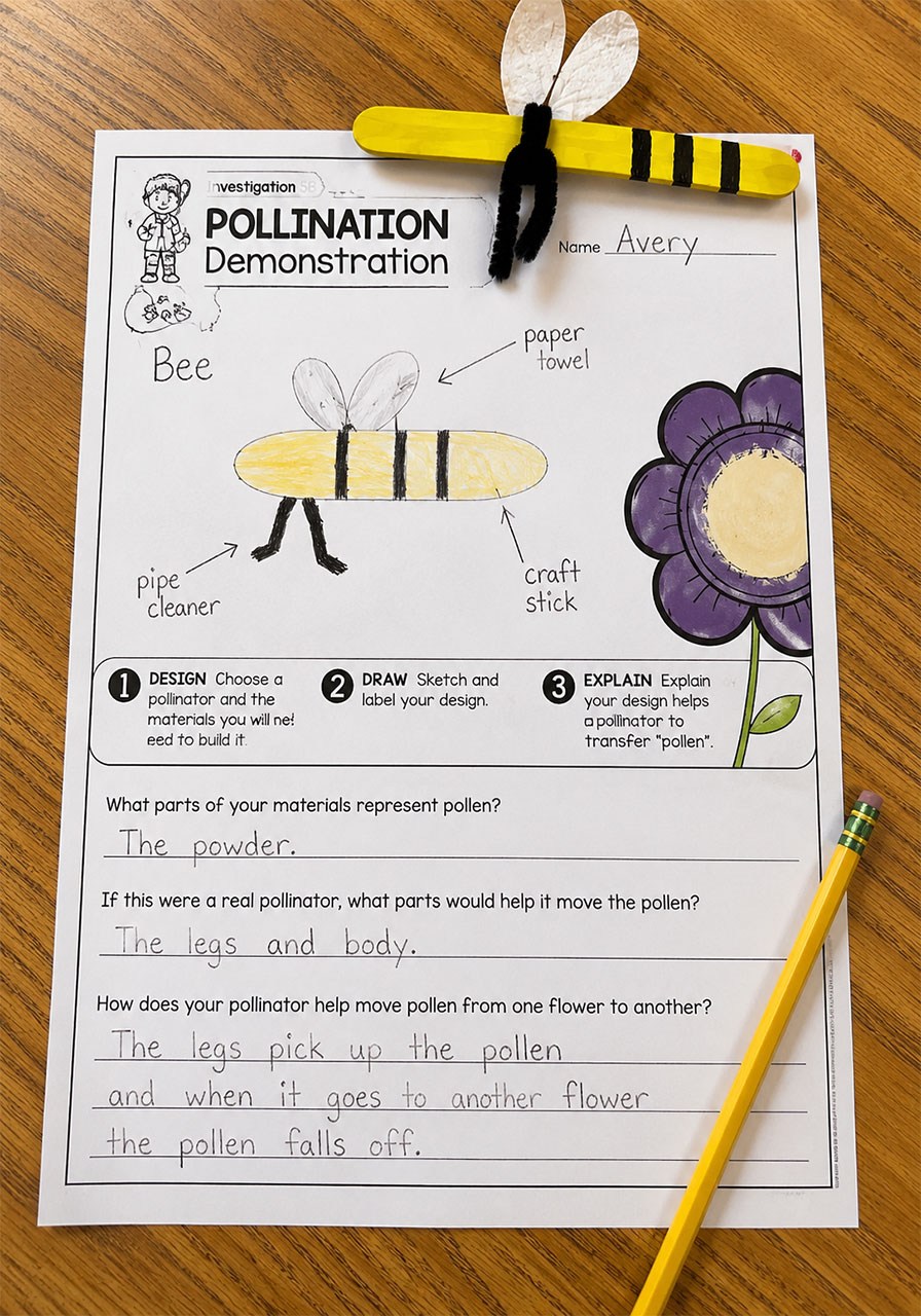 Second grade student lab sheet showing a labeled bee design sketch for a pollination STEM activity