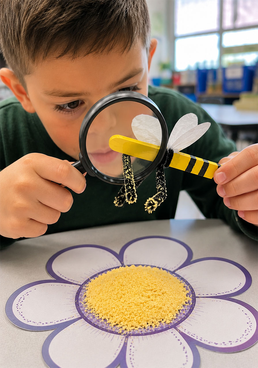 Student using a hand lens to observe pollen powder stuck to a model bee's legs during a pollination STEM activity