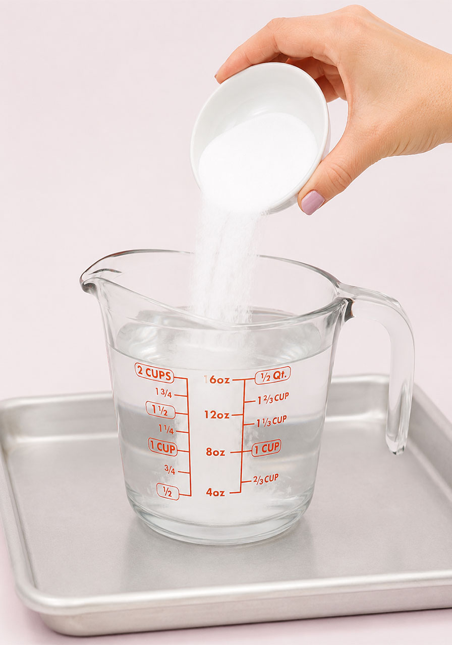 Pouring borax powder into hot water to create a supersaturated crystal solution