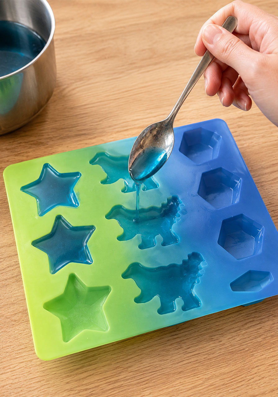 Pouring liquid gelatin bioplastic mixture into silicone molds to set