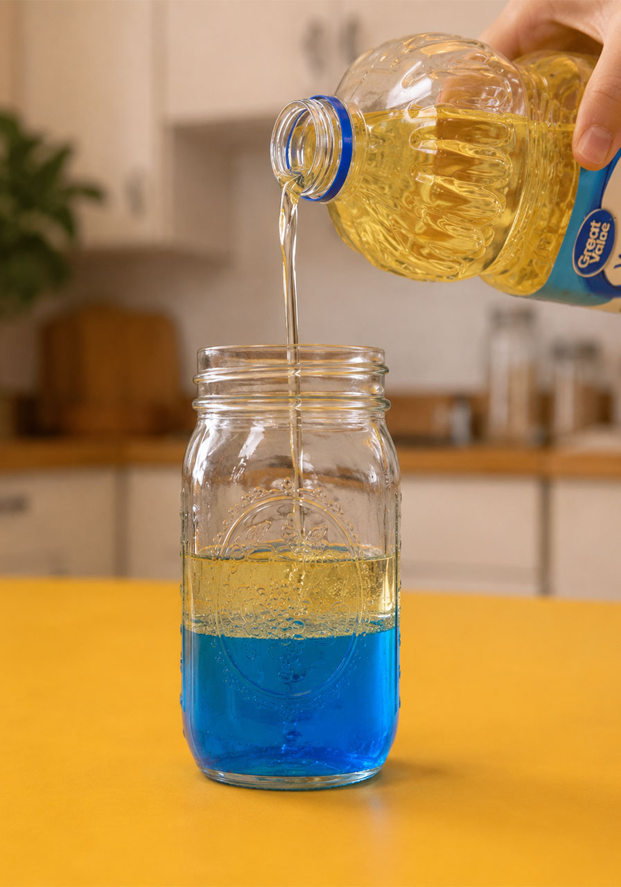 Pouring cooking oil into jar to create ocean wave science experiment layers