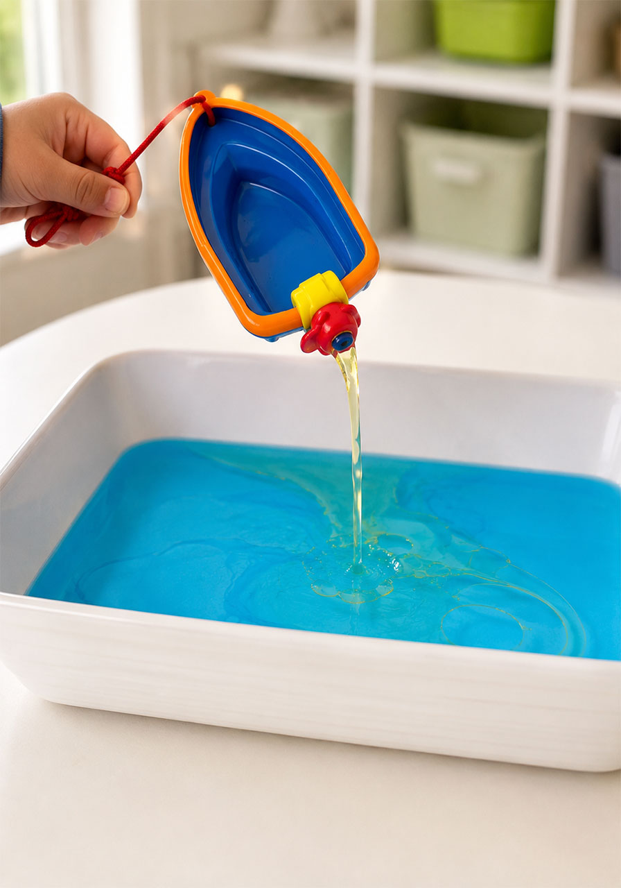 Toy boat pouring oil into blue water to simulate a real oil spill for kids