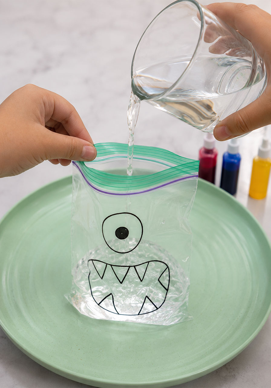Pouring white vinegar into a zip-lock bag for the exploding monster experiment