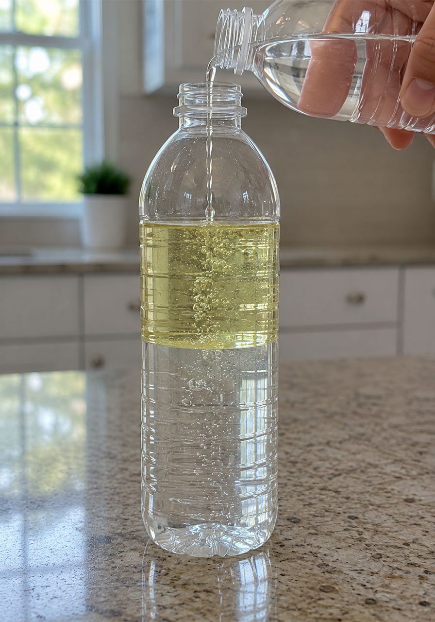 Water being poured into oil layer showing density separation in lava lamp bottle