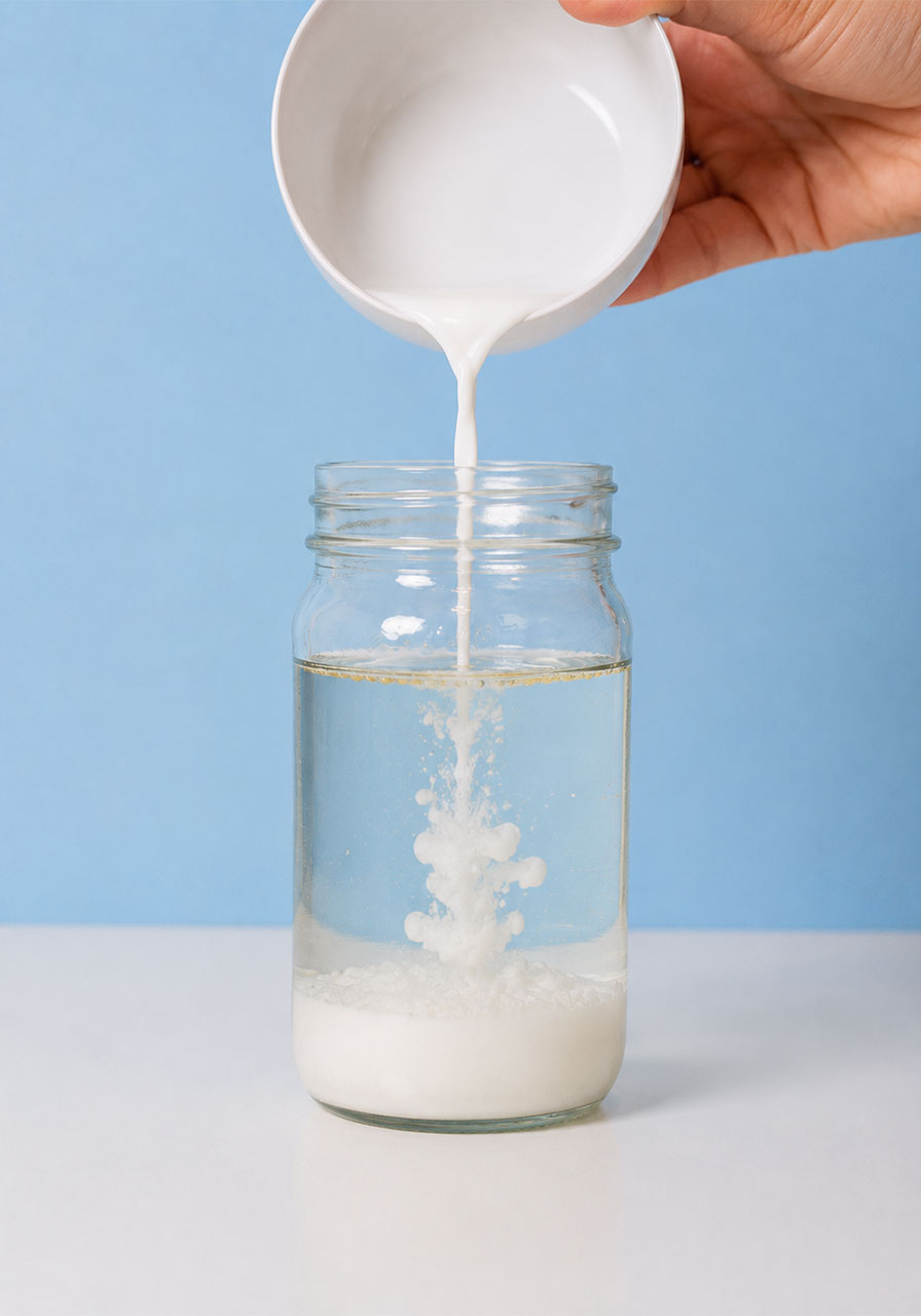 Pouring white colored water into oil for snowstorm in a jar science experiment
