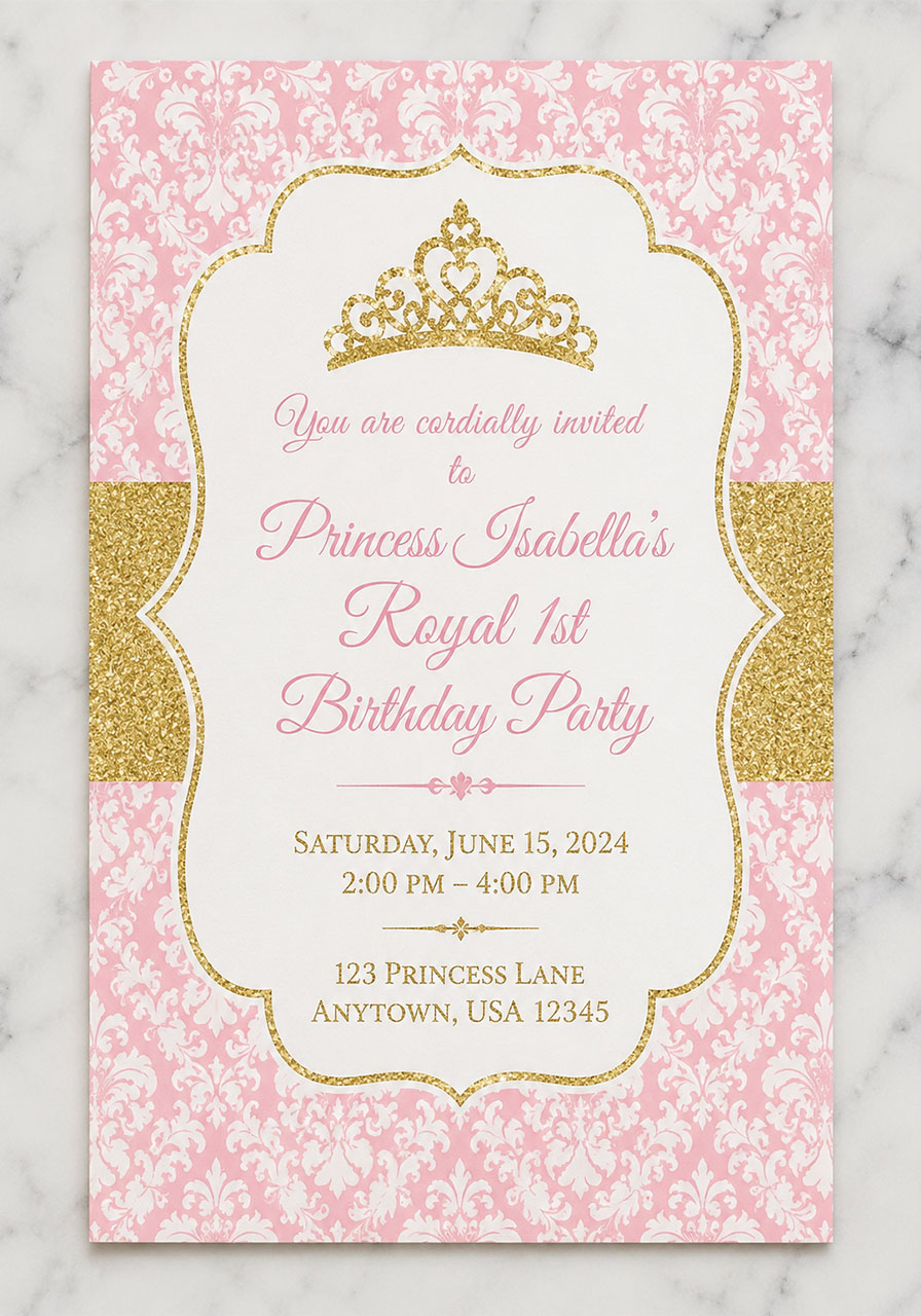 Pink and gold princess birthday party invitation template with tiara design