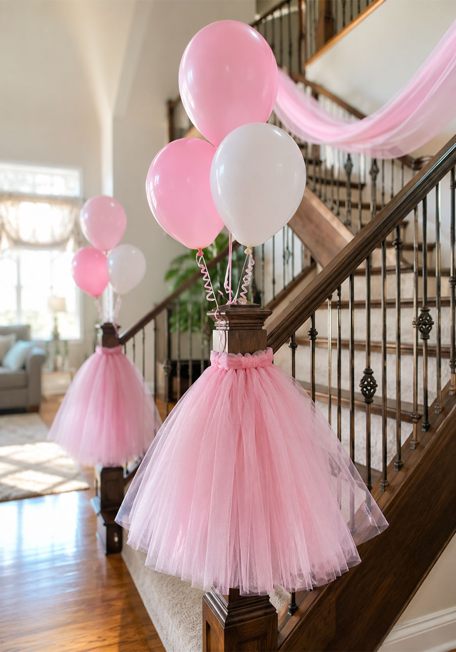 Pink tutu and balloon garland staircase decorations for a princess birthday party entrance