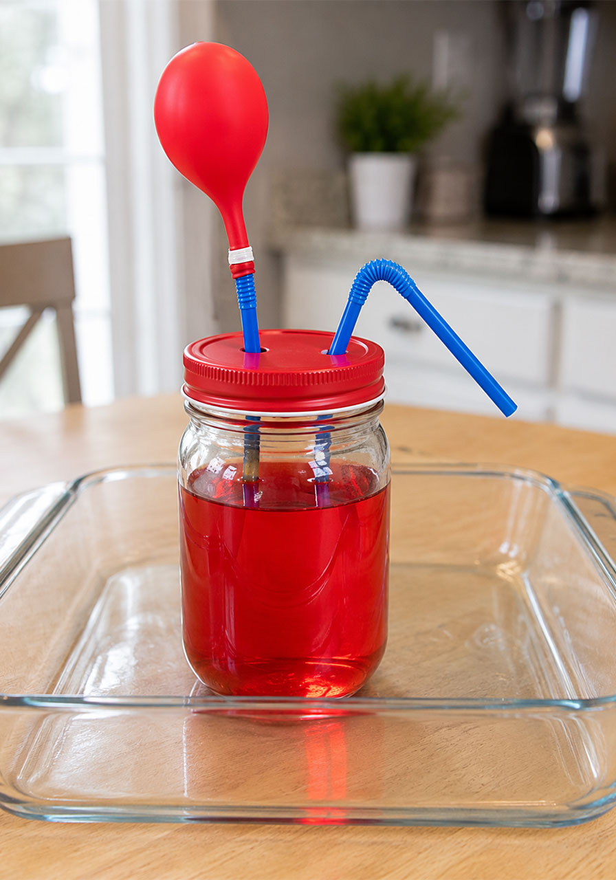 Fully assembled pumping heart model jar with straws and balloon pump ready to demonstrate