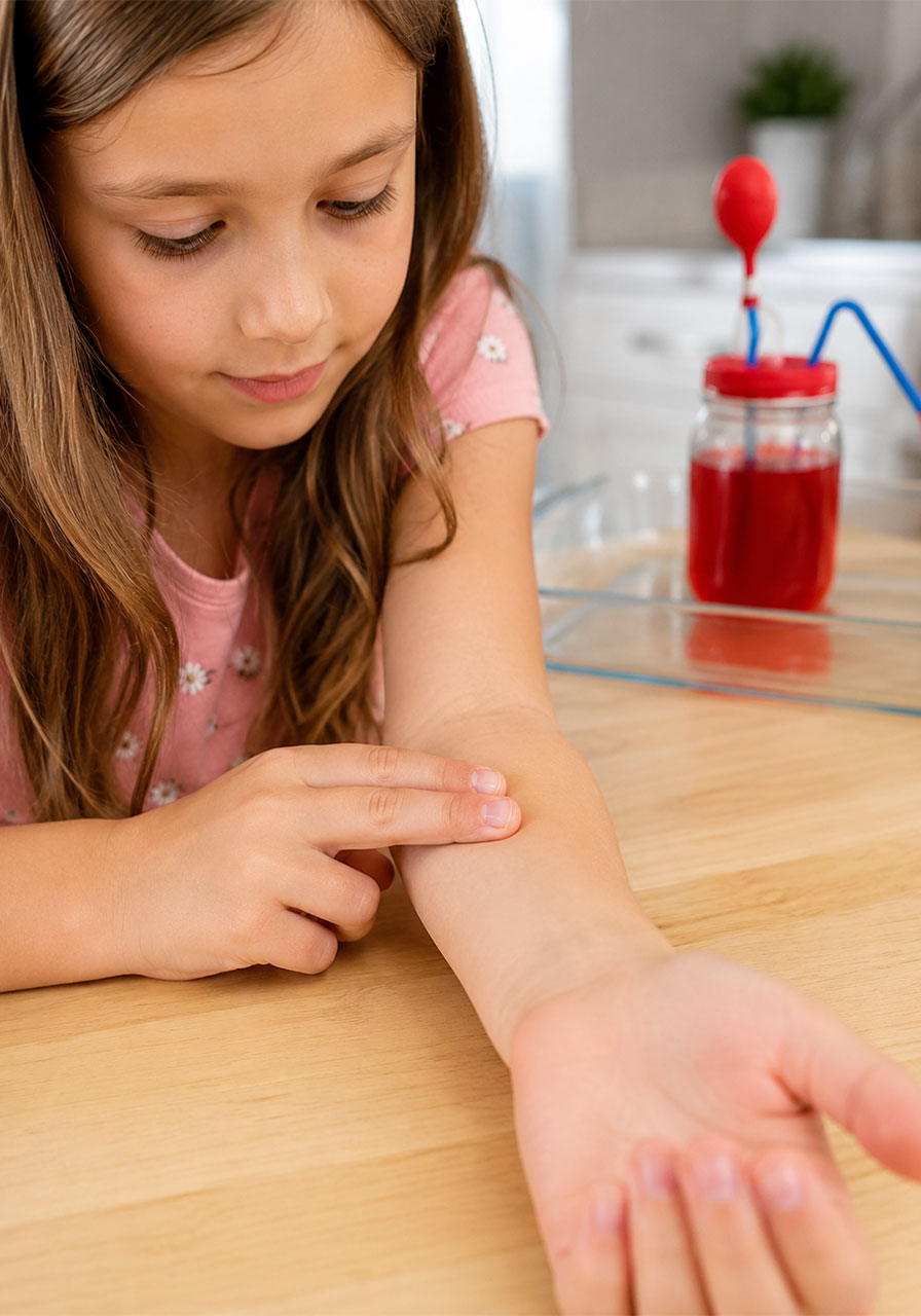 Child checking her own pulse after completing the pumping heart model science experiment