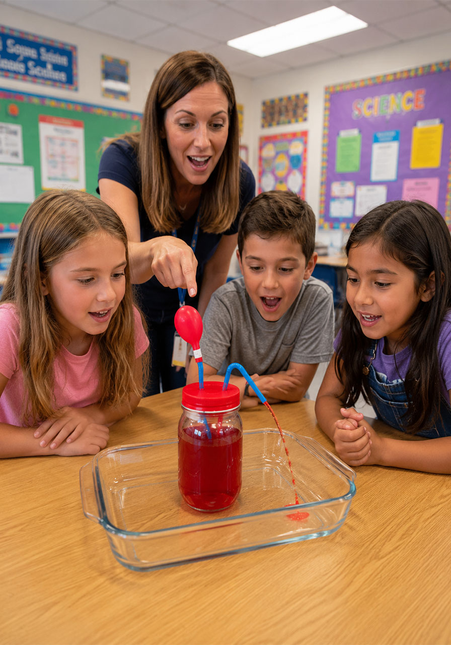 Teacher and students using a pumping heart model for a hands-on classroom STEM experiment