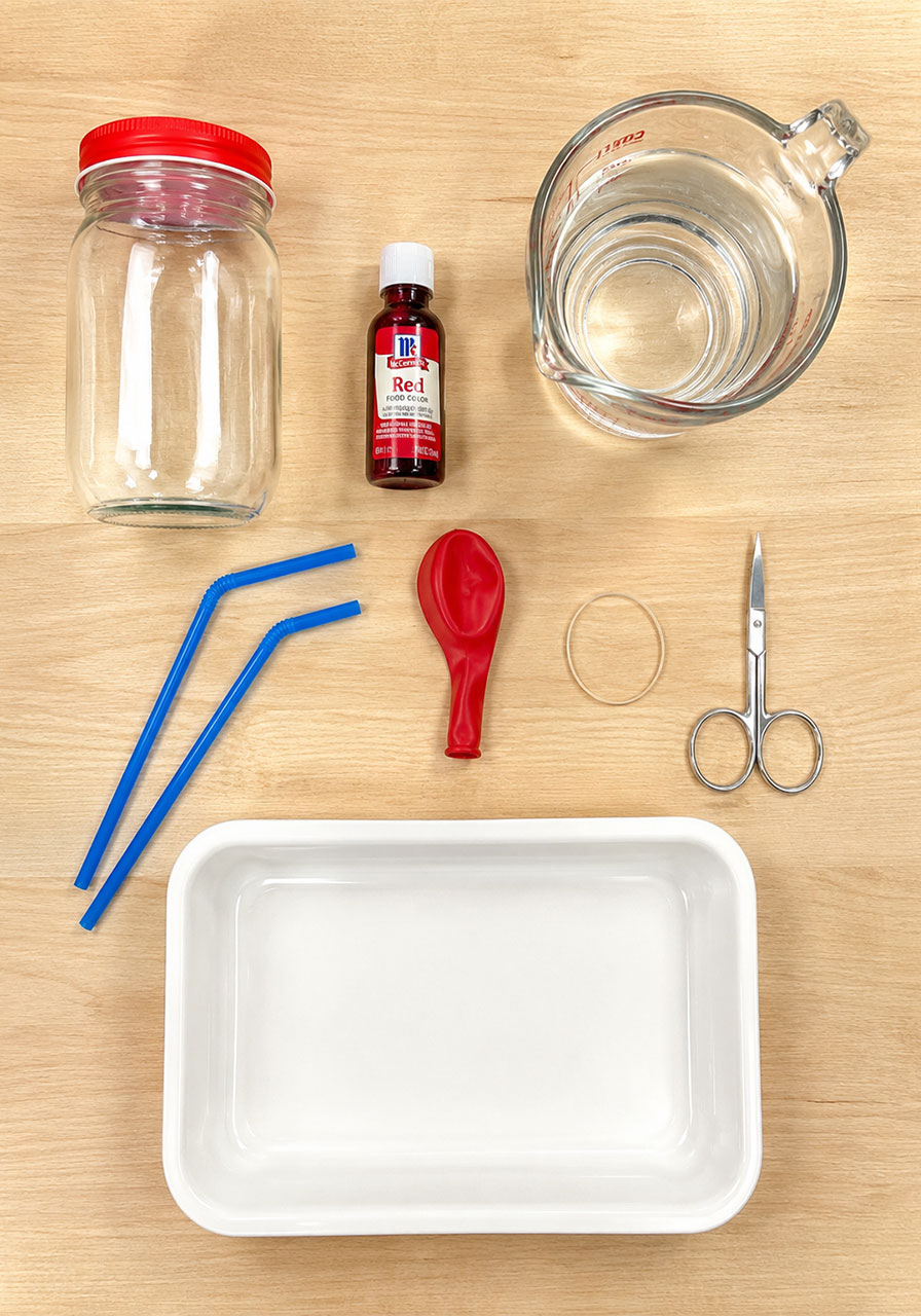 Materials needed for a pumping heart model science experiment including mason jar, straws, and balloon