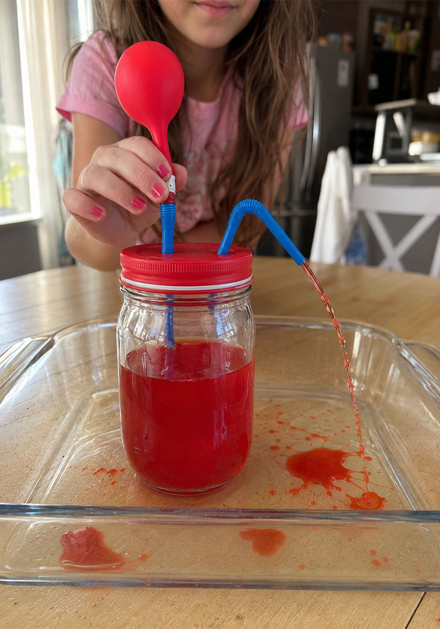 DIY pumping heart model science experiment squirting red blood-colored water from a straw