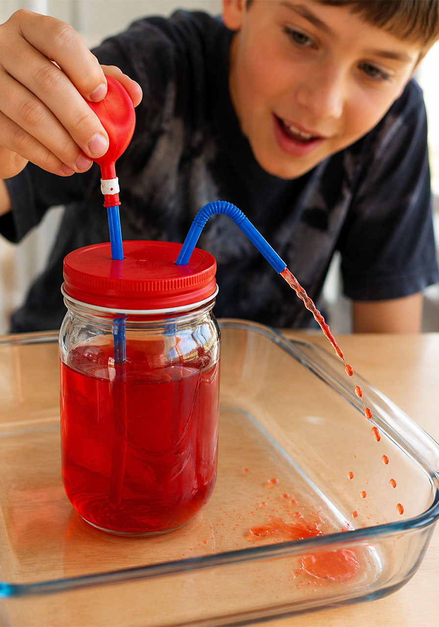 Child squeezing the balloon pump on a DIY pumping heart model, red liquid squirting like blood