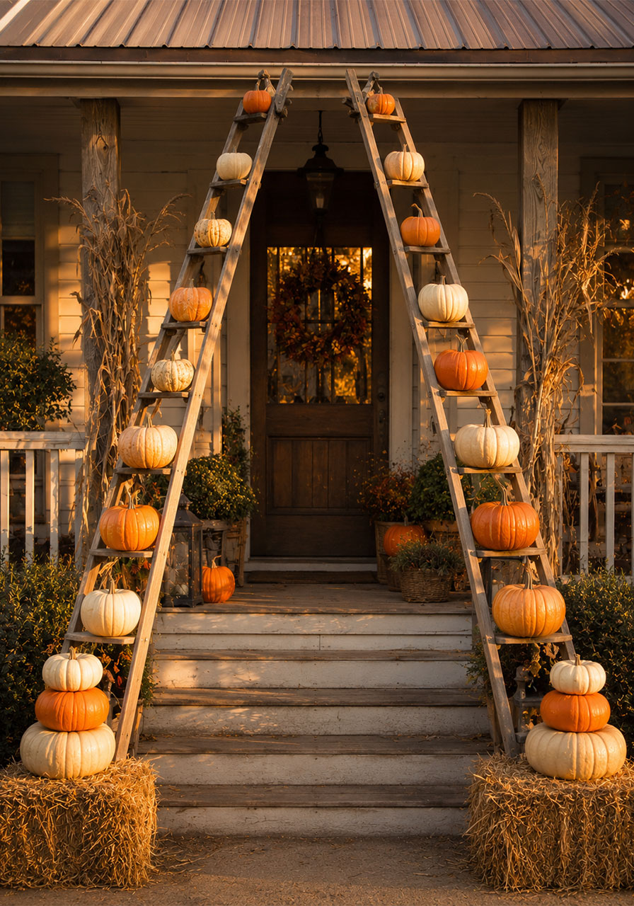Rustic outdoor Halloween decoration with pumpkins and hay photo booth arch